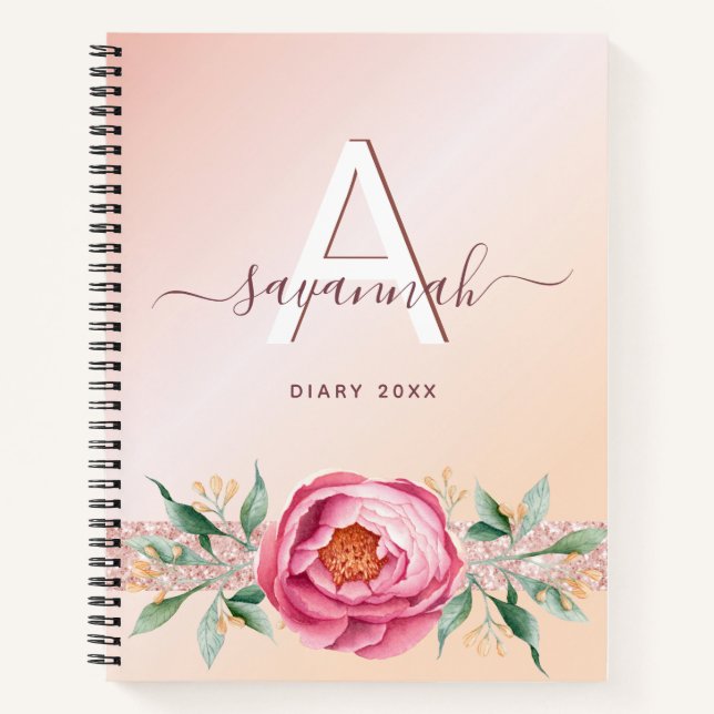 Diary monogram rose gold pink glitter girly modern notebook (Front)
