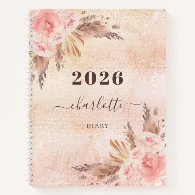 Diary pampas grass rose gold florals name 2023 notebook (Front)