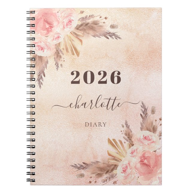 Diary pampas grass rose gold florals name notebook (Front)