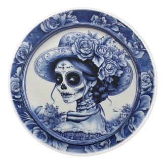 Dias Los Muertos Blue & White Ceramic Knob