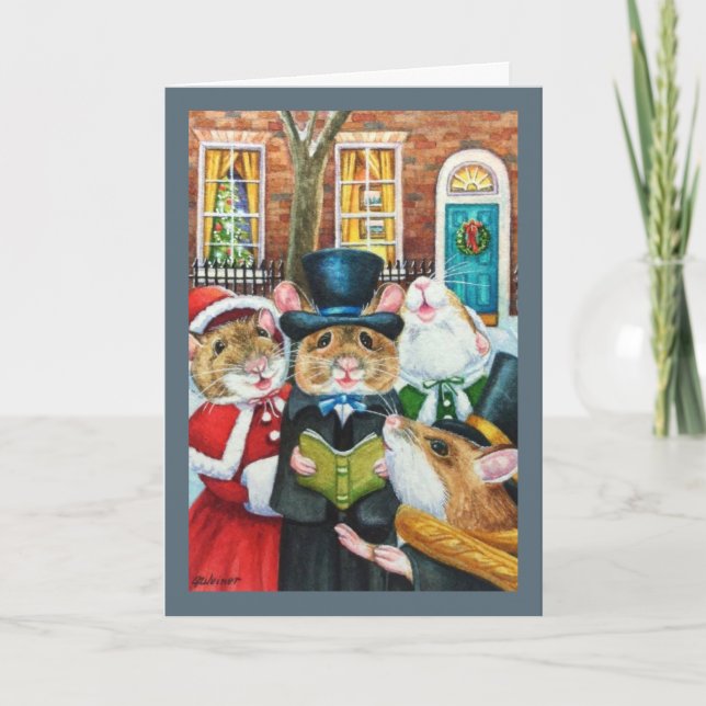 Dickens Christmas Caroling Mice Watercolor Art Card (Front)