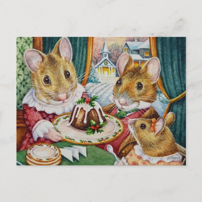 Dickens Christmas Mice Plum Pudding Watercolor Art Postcard (Front)