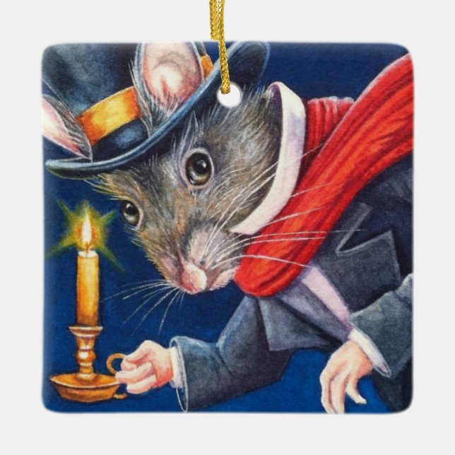 Dickens Christmas Scrooge Mouse Watercolor Art Ceramic Ornament (Front)