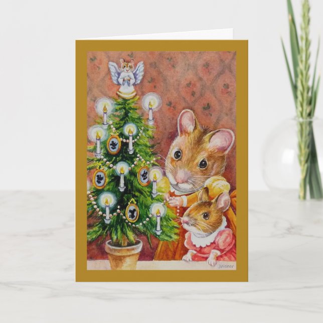 Dickens Christmas Tree Trimming Mouse Art Card (Front)
