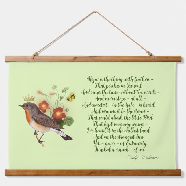 Dickinson Hope Poem & Crown Bird Hanging Tapestry (Front)