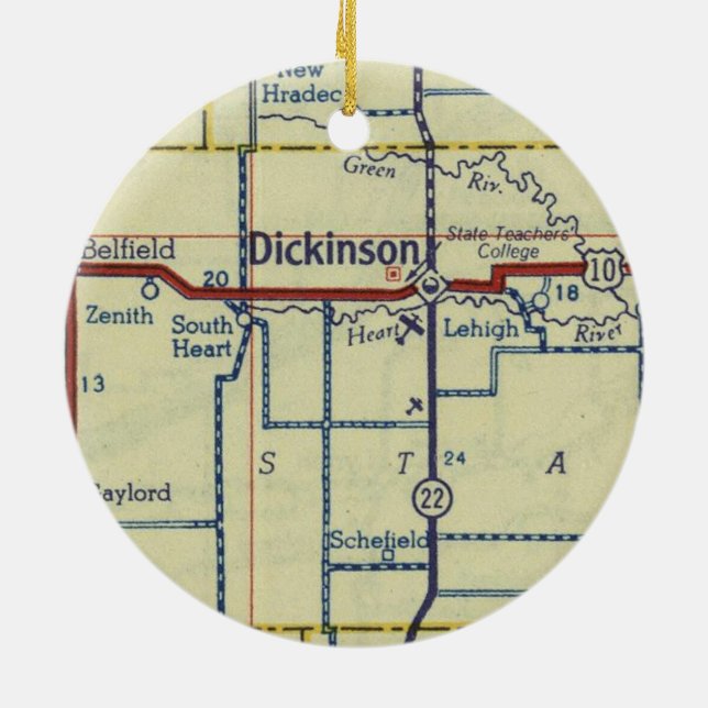 Dickinson ND Old Map Ceramic Ornament (Back)