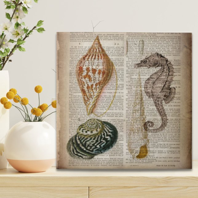 dictionary print french botanical beach seashells tile (dictionary print french botanical beach seashells ceramic tile)