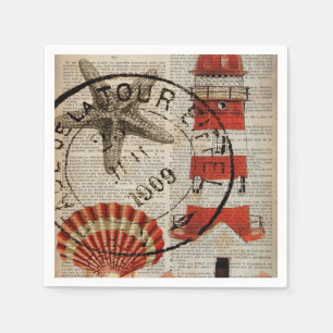dictionary prints art coastal seashell lighthouse napkin