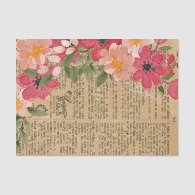 Dictionary Vintage Page with Flowers Decoupage Tissue Paper (Front)