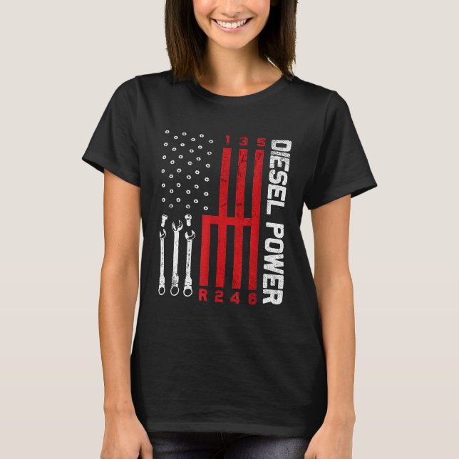 Diesel Mechanic Shifting Gear American Flag Drag R T-Shirt (Front)