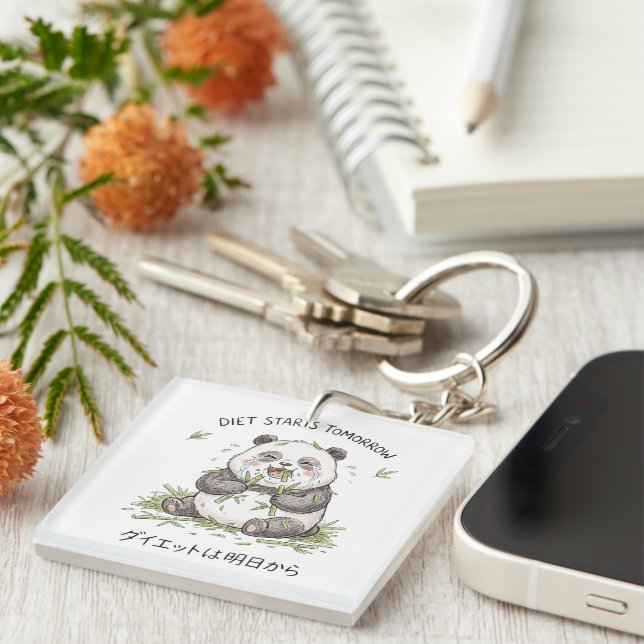 Diet Starts Tomorrow Funny Crying Panda Meme Art Keychain (Front Right)