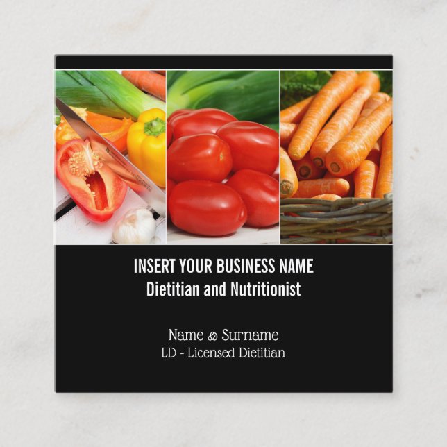 Dietician vegetable photo collage on black SQUARE Square Business Card (Front)