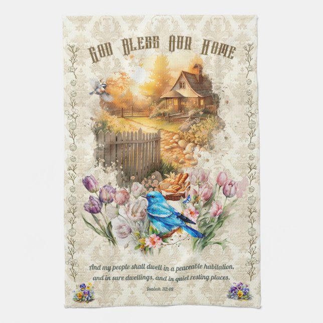 Dieu Béni Notre Maison Damask Serviette de cuisine (Vertical)