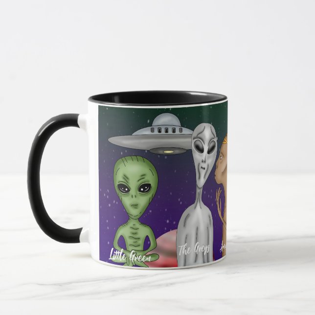 Different Alien Species, UFO, Planets Mug (Left)
