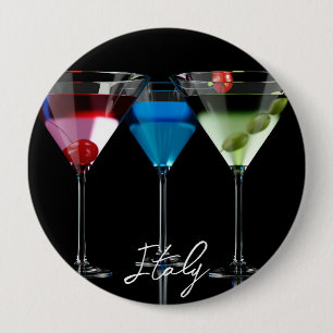 Different cocktails in martini glasses on black 4 inch round button