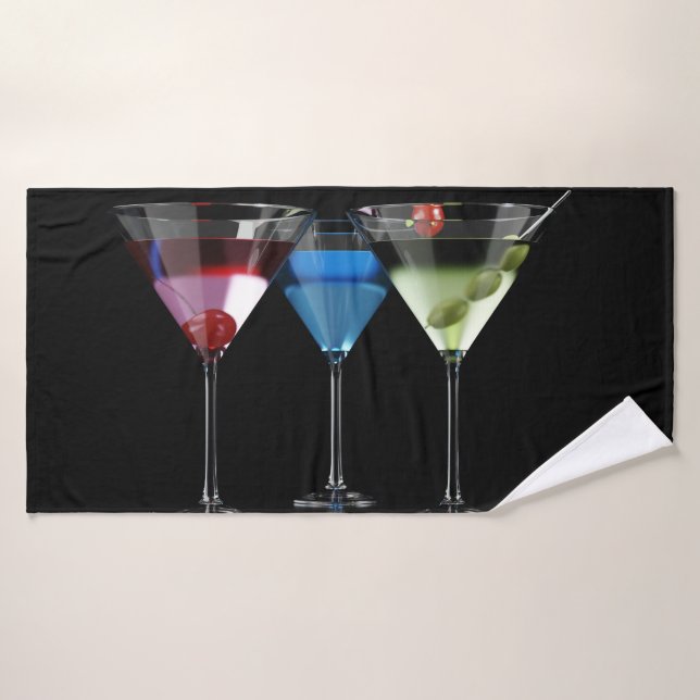 Different cocktails in martini glasses on black bath towel (Bath Towel)