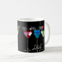 Different cocktails in martini glasses on black