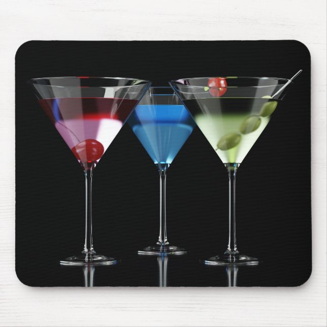 Different cocktails in martini glasses on black mouse pad (Front)