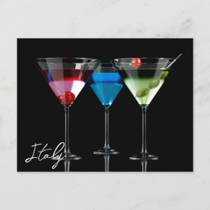 Different cocktails in martini glasses on black postcard