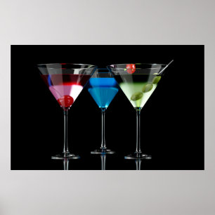 Different cocktails in martini glasses on black poster