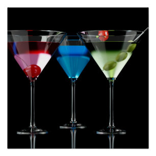 Different cocktails in martini glasses on black poster