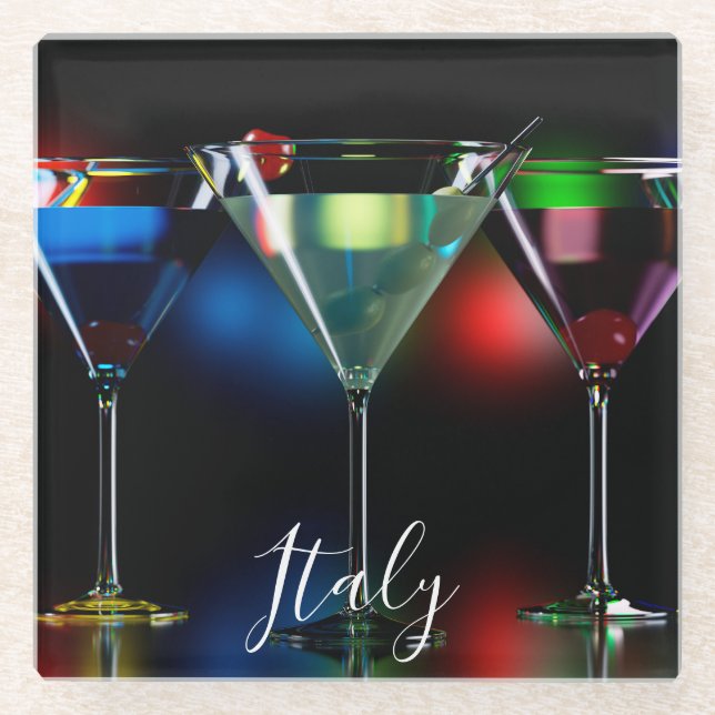 Different cocktails in martini glasses with lights glass coaster (Front)