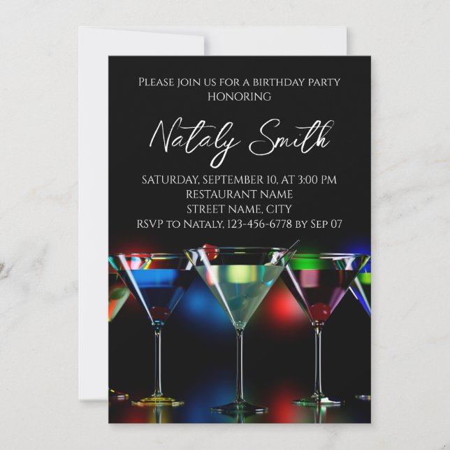 Different cocktails in martini glasses with lights invitation (Front)
