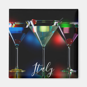Different cocktails in martini glasses with lights magnet