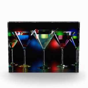 Different cocktails in martini glasses with lights photo block