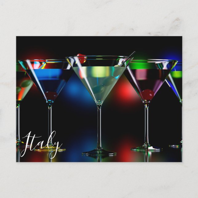 Different cocktails in martini glasses with lights postcard (Front)