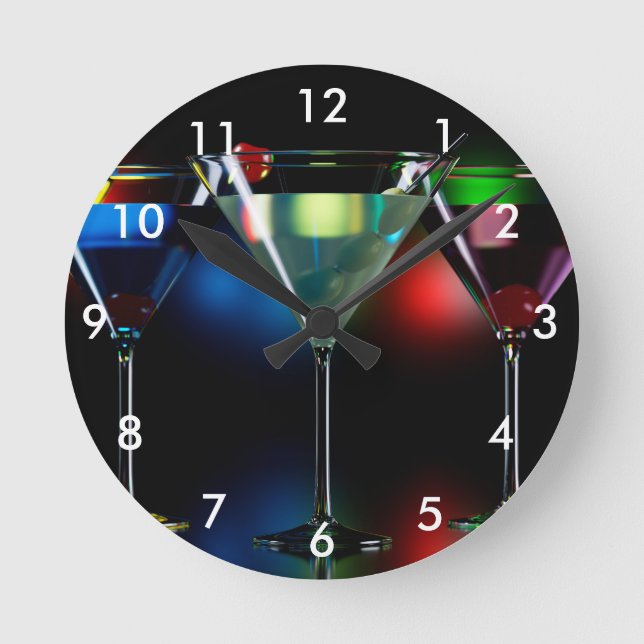 Different cocktails in martini glasses with lights round clock (Front)