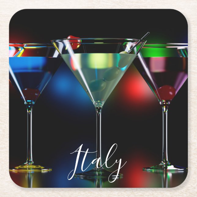 Different cocktails in martini glasses with lights square paper coaster (Front)