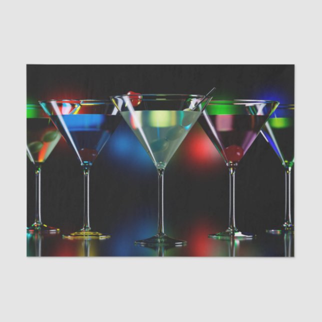 Different cocktails in martini glasses with lights tissue paper (Front)