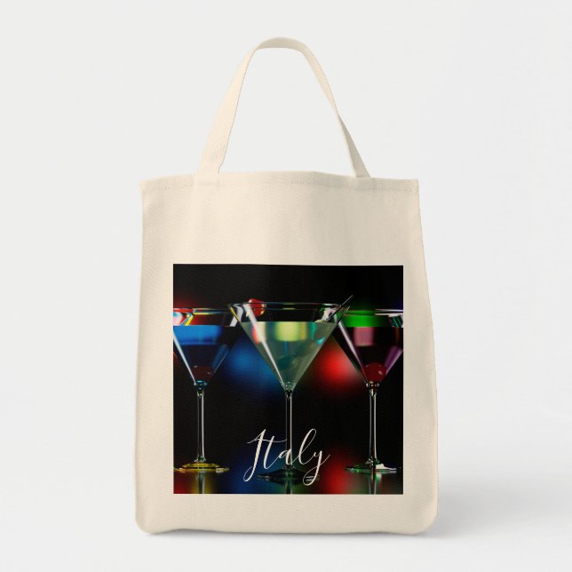 Different cocktails in martini glasses with lights tote bag (Front)