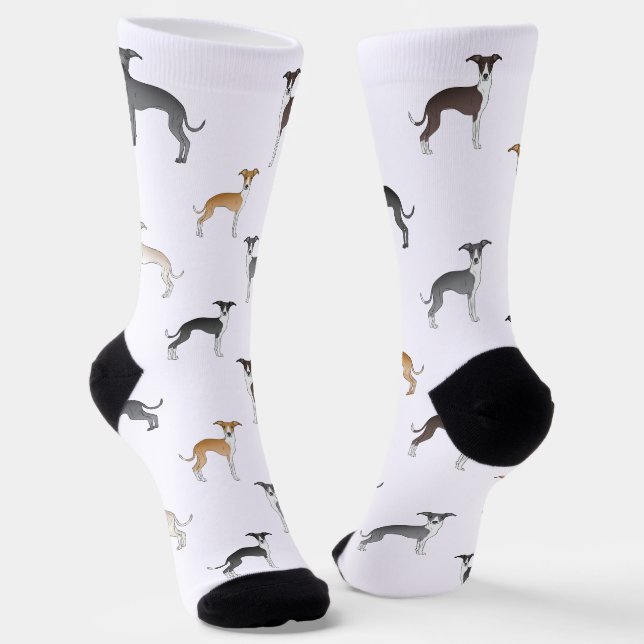 Different Colour Italian Greyhound Dogs Pattern Socks (Angled)