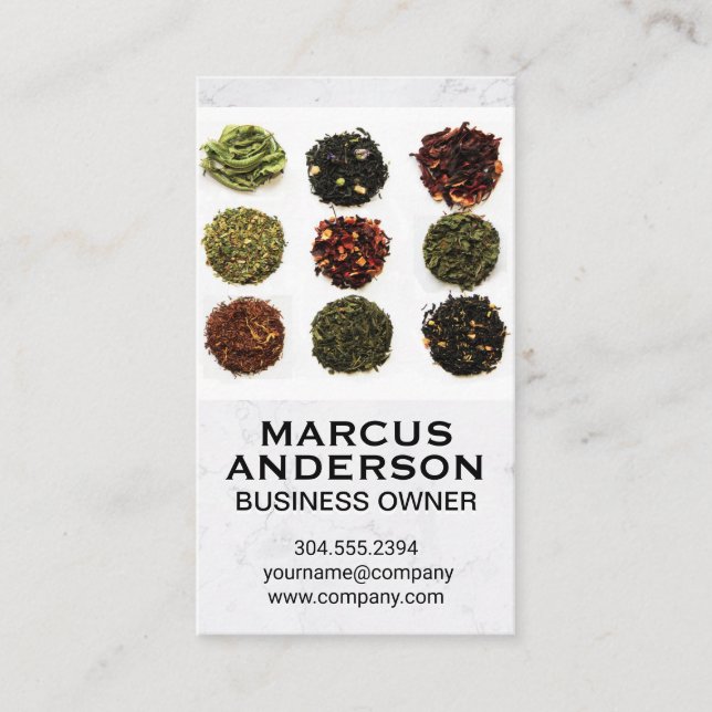 Different Tea Leaf Piles | White Marble  Business Card (Front)