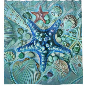 Different types tropical seashells blue painting