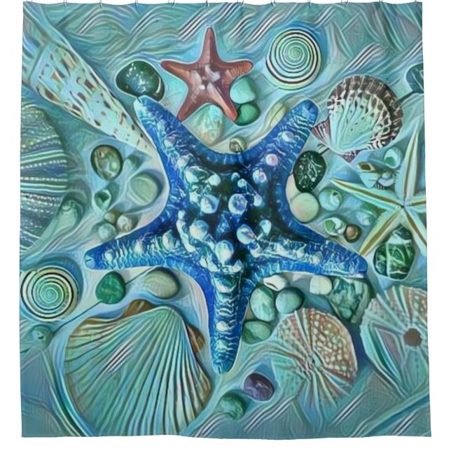 Different types tropical seashells blue painting (Front)