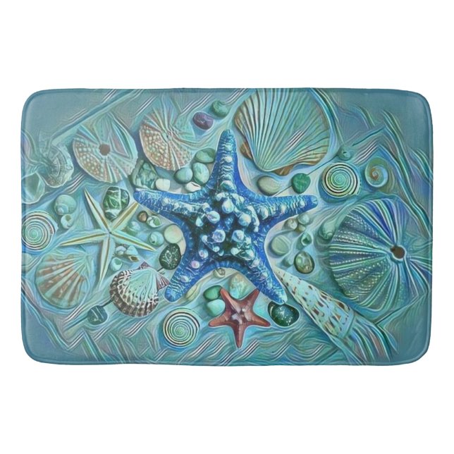Different types tropical seashells blue painting bath mat (Front)
