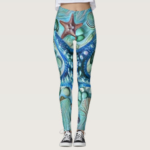 Different types tropical seashells blue painting leggings