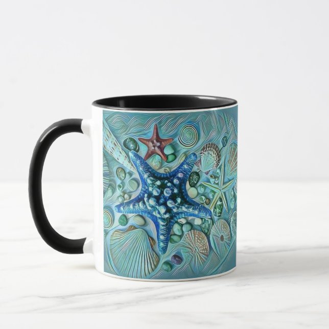 Different types tropical seashells blue painting mug (Left)