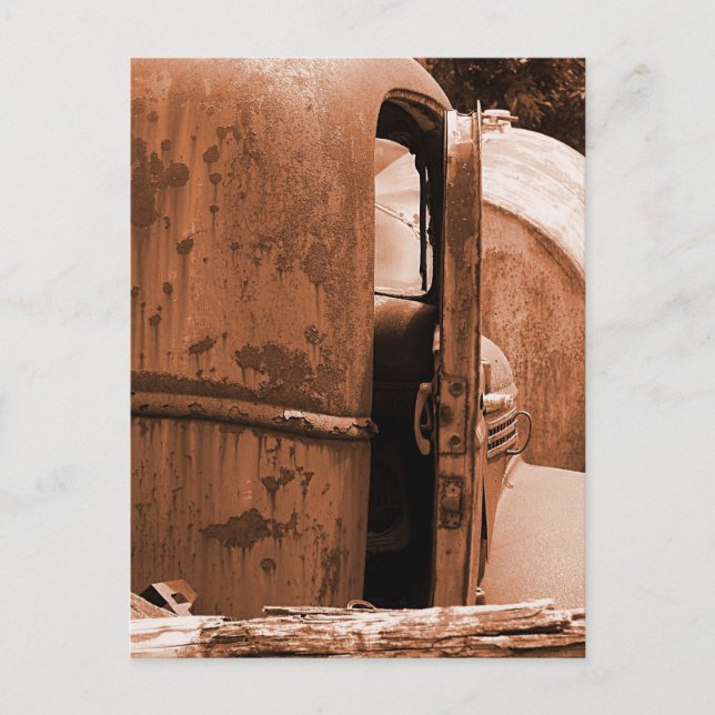 Different View of Old Truck in Sepia Postcard (Front)