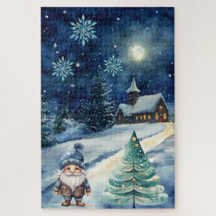 Difficult Blue Winter Christmas Village & Gnome  Jigsaw Puzzle