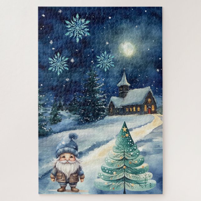 Difficult Blue Winter Christmas Village & Gnome  Jigsaw Puzzle (Vertical)