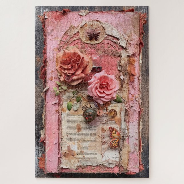 Difficult Pink Floral Decoupage Inspired  Jigsaw Puzzle (Vertical)