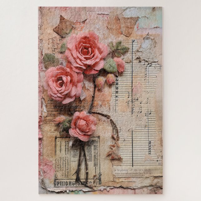 Difficult Pink Floral Grunge Decoupage Inspired  Jigsaw Puzzle (Vertical)