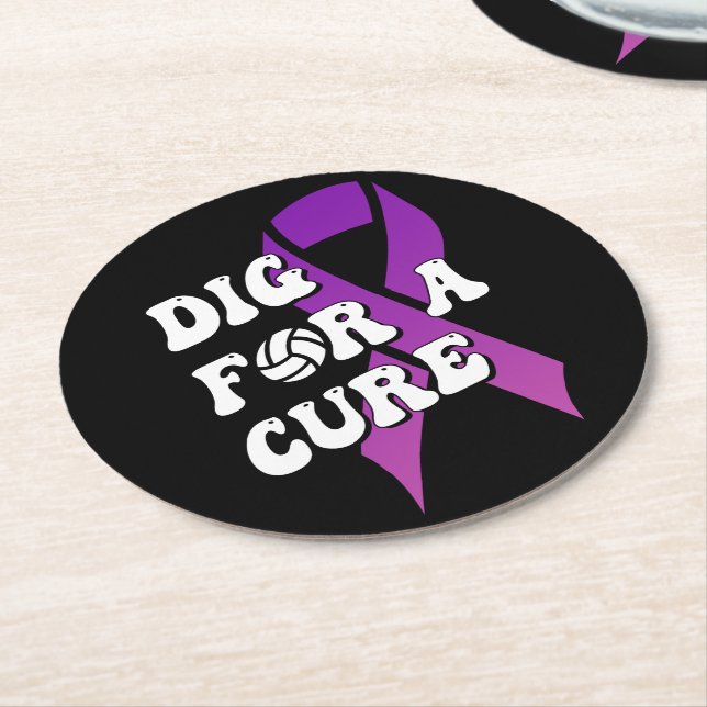 Dig For A Cure, Breast Cancer Awareness Volleyball Round Paper Coaster (Angled)