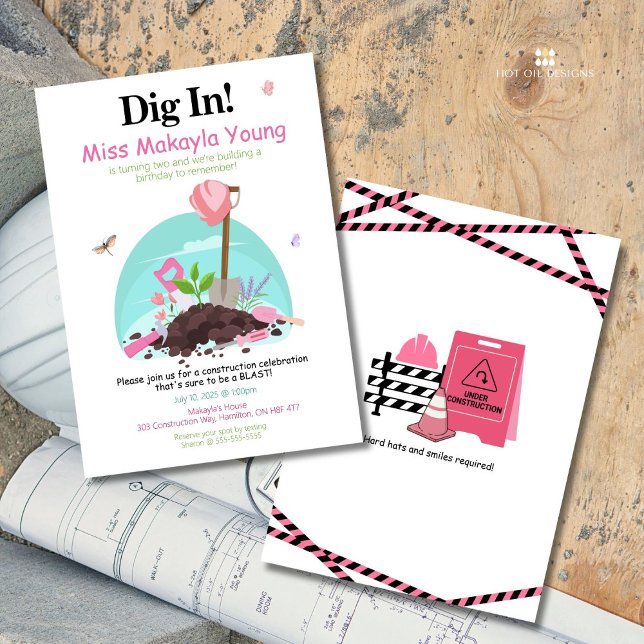 Dig In Pink Construction Birthday Invitation (Gear up and dig in with this fun-filled construction-themed invitation.)