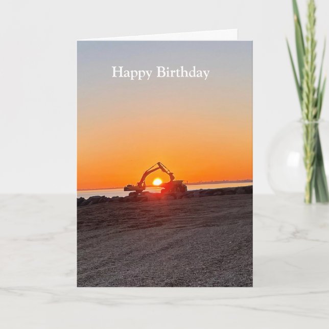 Digger and Lorry Framing setting sun by the sea  Card (Front)