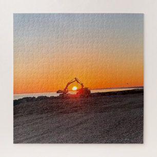 Digger and Lorry Framing setting sun by the sea  Jigsaw Puzzle